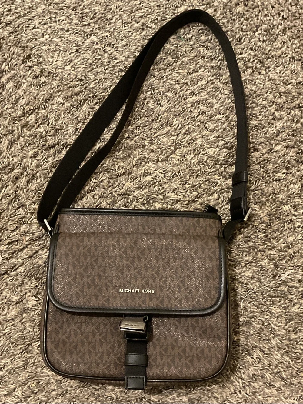 Michael Kors Brown Signature MK Crossbody Messenger Bag with Black Strap